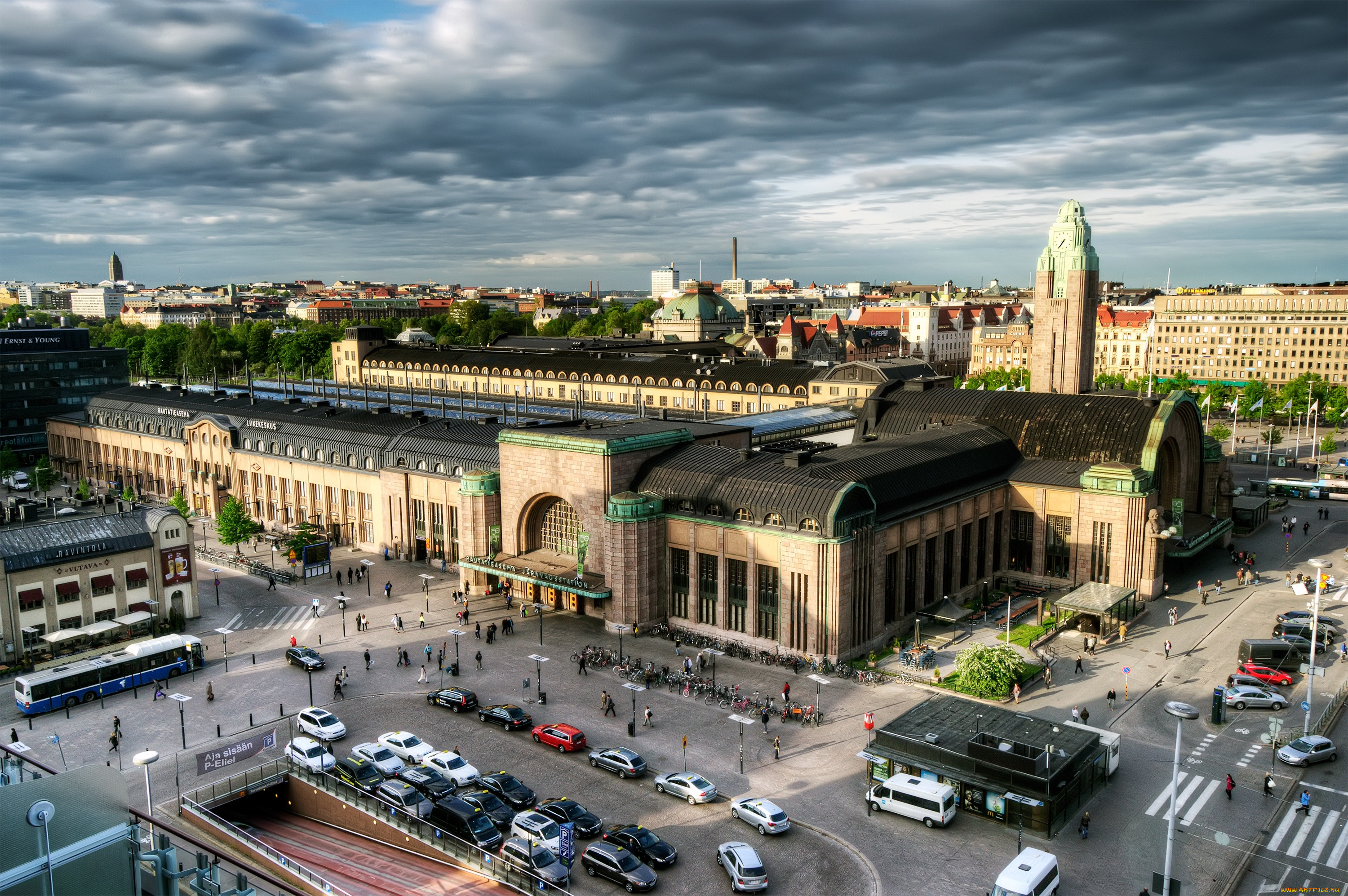 , , , helsinki, finland, central, station, railway, city, life, panorama, cars, bus, dark, clouds